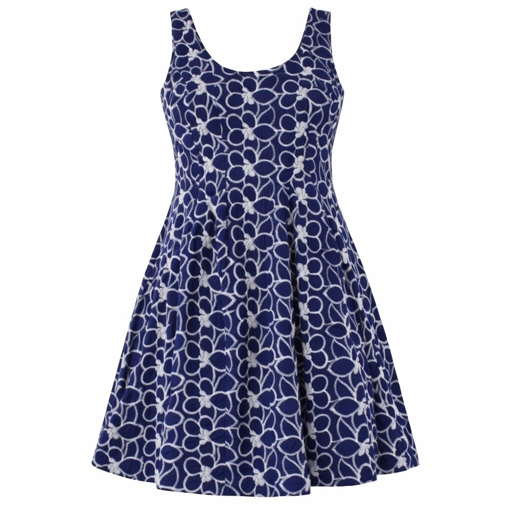 Embroidered Floral Fit Flare Dress Navy White Vintage Cottagecore Sleeveless 16